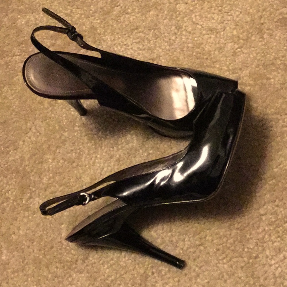 Size 9 Black Patent Leather Peep Toe Sling Backs